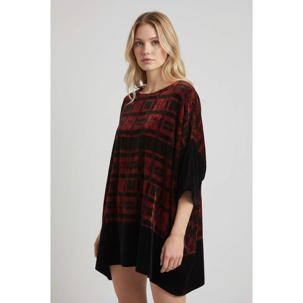La Fee Maraboutee Red Black Plaid Velvet Burnout Oversize
Tunic Top Lagenlook 38